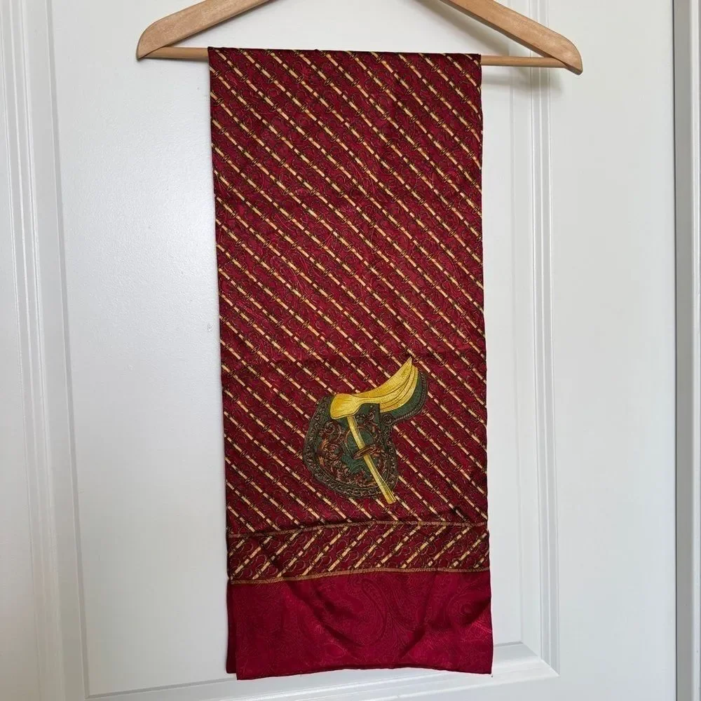 Vintage Equestrian Horse Saddle Horseshoe Red Gold Long Rectangle Scarf